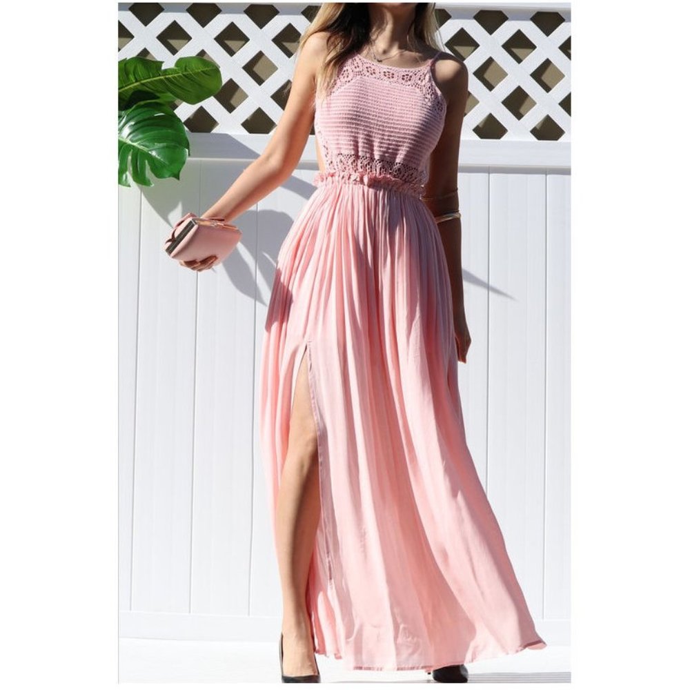 Pink Crochet Top Open Back Boho Maxi Dress - Picture 4 of 8